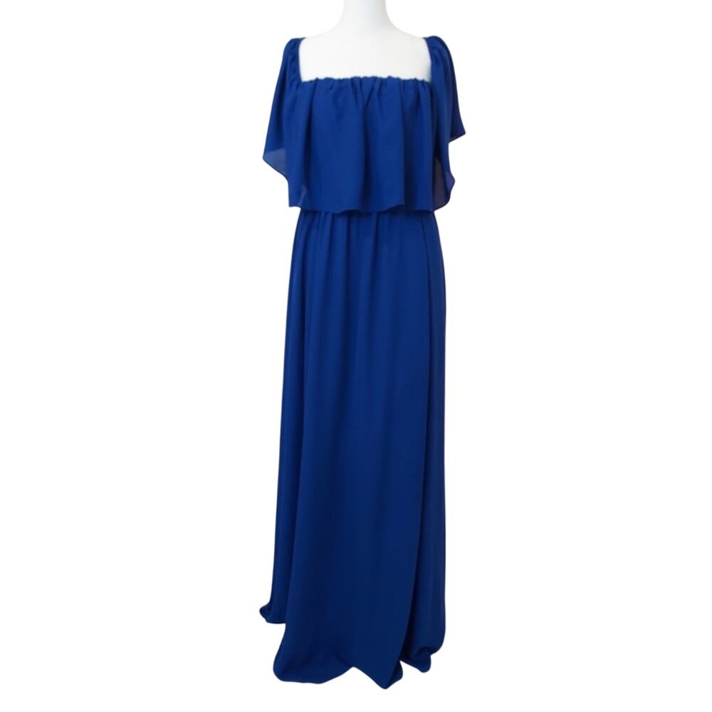 NWT! RSVP SUGARLIPS Royal Blue Chiffon Shoulder Ruffle A-line Maxi Formal Dress